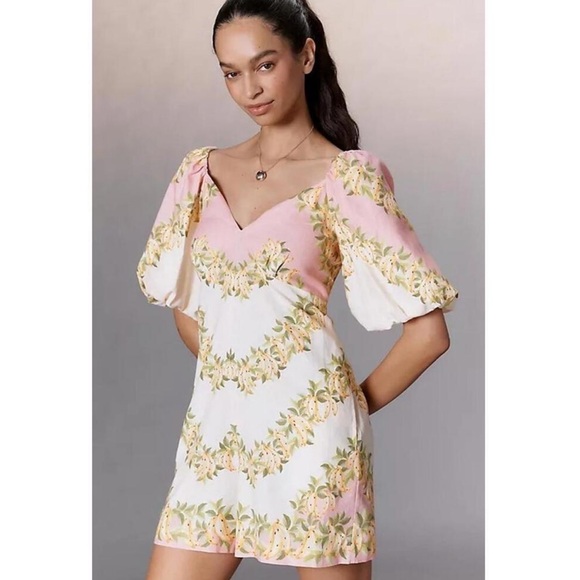 FARM Rio Pants - Farm Rio x Anthropologie V-Neck Puff-Sleeve Linen Blend Romper